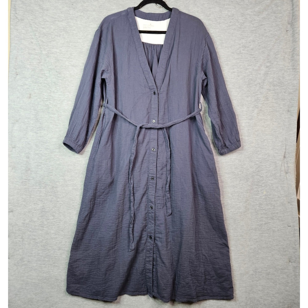 Muji Women Gray Double Gauze Cotton Button Front Belted Midi Dress Small